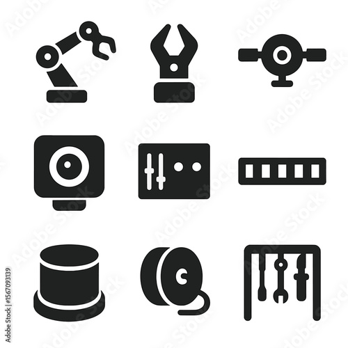 Space Robotics Icons. Solid, filled icon set of space robotics systems: robotic arm, manipulator claw, inspection drone, camera