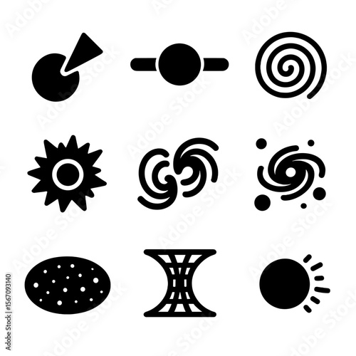Space Phenomena Icons. Solid, filled icon set of Space phenomena linked with black holes: gamma-ray burst, quasar jet,