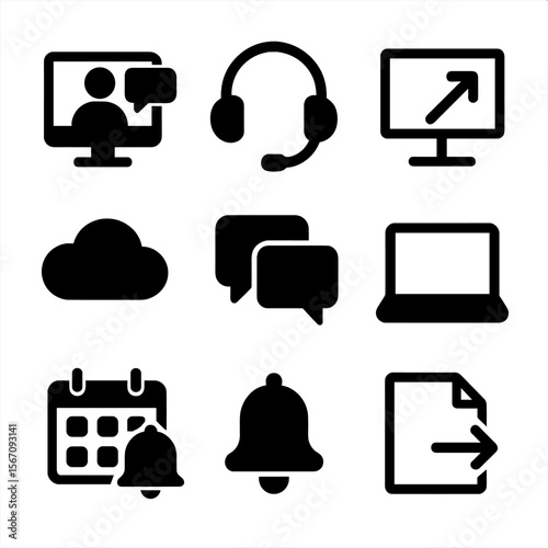 Remote Work Icon Set. Solid, filled icon set of remote teamwork: video call, headset, shared screen, cloud storage, chat window,