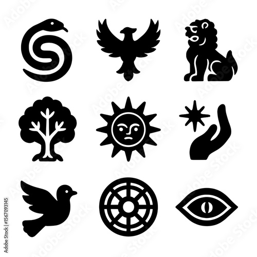 Mythic Icon Grid. Solid, filled icon set of sage-related mythology: serpent coil, phoenix, guardian lion, divine tree, ancient sun