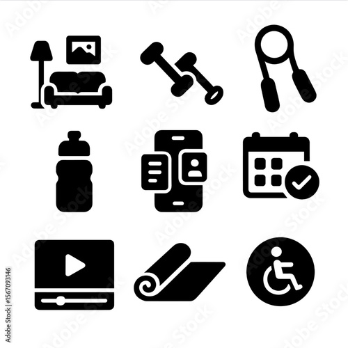 Home Workout Icons. Solid, filled icons set of home-based adaptive workouts: living room space, small weights,