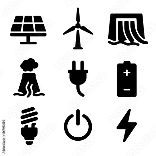 Renewable Energy Icons. Solid, filled icon set of renewable energy symbols: solar panel, wind turbine, hydroelectric dam,