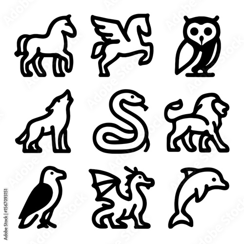 Mythical Animal Icons. Solid, filled icon set of mythological animals: horses, winged horses, owls, wolves, serpents, lions,