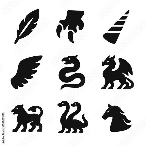 Mythical Animal Icons. Solid, filled icon set of mythical animals: phoenix feather, dragon claw, unicorn horn, griffin wing,