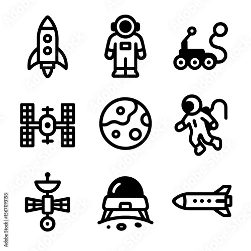 Space Icon Sampler. Solid, filled icon set of Space exploration: rocket, astronaut, rover, space station, alien planet, spacewalk,
