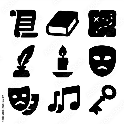 Mythical Story Icons. Solid, filled icon set of mythical story elements: scroll, book, map, quill, candle, mask, theater mask,