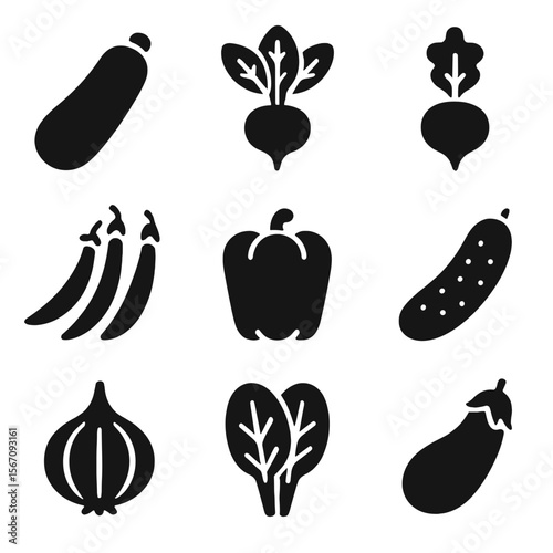 Homegrown Vegetable Icons. Solid, filled icons set of homegrown vegetables: zucchini, radish, beet, green
