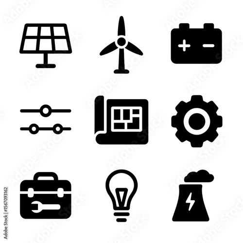 Renewable Energy Icons. Solid, filled icon set of renewable energy systems engineer: solar panel, wind turbine, battery storage,