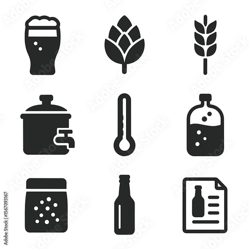 Homebrew Icons Collection. Solid, filled icons set of home-brewed beer making: beer glass, hops icon, barley