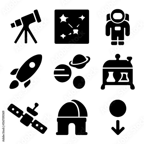 Space Science Icons. Solid, filled icon set of space science: telescope, star chart, astronaut, rocket, planets, space lab,