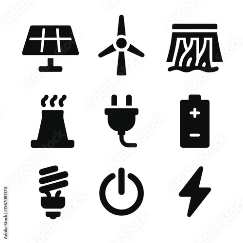 Renewable Energy Icons. Solid, filled icon set of renewable energy symbols: solar panel, wind turbine, hydroelectric dam,
