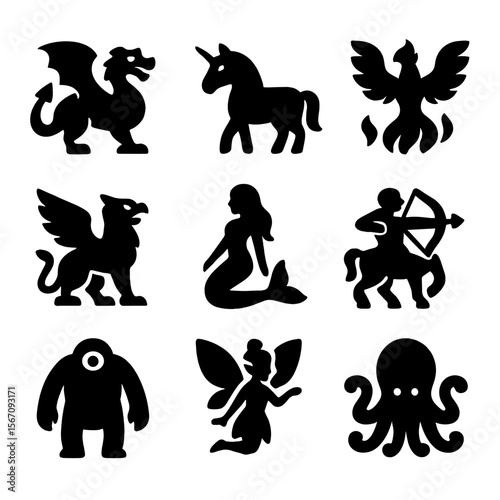 Mythical Creatures Icons. Solid, filled icon set of mythical creatures: dragon, unicorn, phoenix, griffin, mermaid, centaur,