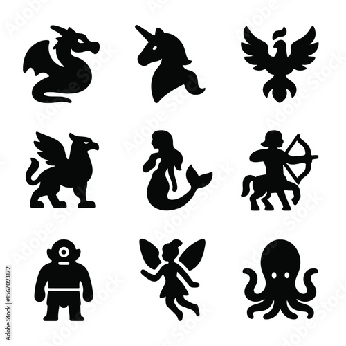 Mythical Creatures Icons. Solid, filled icon set of mythical creatures: dragon, unicorn, phoenix, griffin, mermaid, centaur,