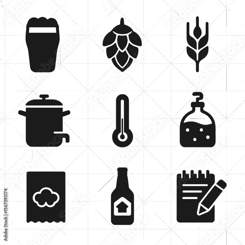 Homebrew Icons Collection. Solid, filled icons set of home-brewed beer making: beer glass, hops icon, barley