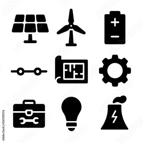 Renewable Energy Icons. Solid, filled icon set of renewable energy systems engineer: solar panel, wind turbine, battery storage,