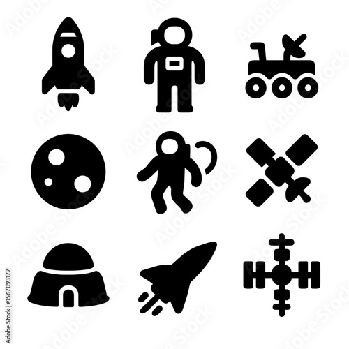 Space Icon Sampler. Solid, filled icon set of Space exploration: rocket, astronaut, rover, space station, alien planet, spacewalk,