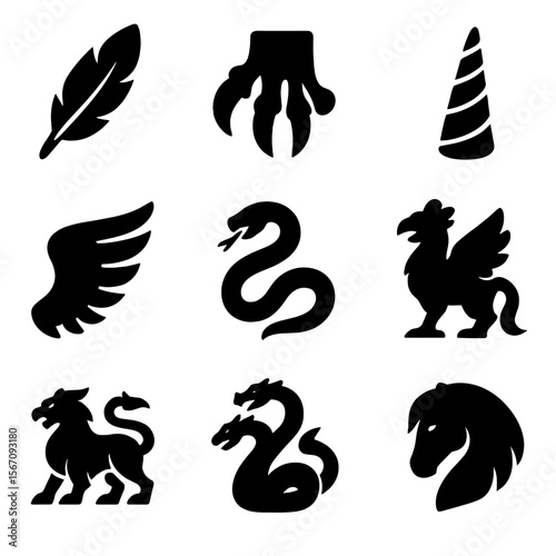 Mythical Animal Icons. Solid, filled icon set of mythical animals: phoenix feather, dragon claw, unicorn horn, griffin wing,