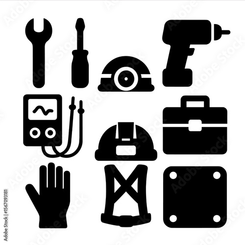 Space Tool Icons. Solid, filled icon set of space station tools: wrench, screwdriver, drill, multimeter, helmet light, tool kit,