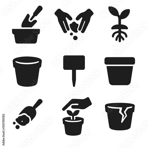 Replanting Icon Set. Solid, filled icon set of replanting and potting: pot with trowel, hands adding soil, root ball, empty pot,