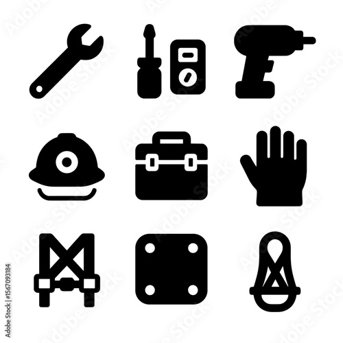 Space Tool Icons. Solid, filled icon set of space station tools: wrench, screwdriver, drill, multimeter, helmet light, tool kit,