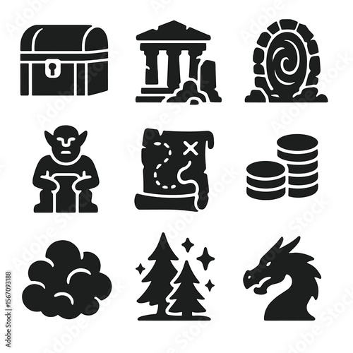 Mythical Treasure Icons. Solid, filled icon set of mythical treasure themes: pirate chest, ancient ruins, magic portal, guardian