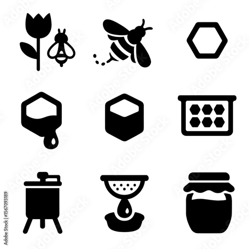 Honey Production Icons. Solid, filled icons set of honey production stages: nectar collection, bee flight, wax