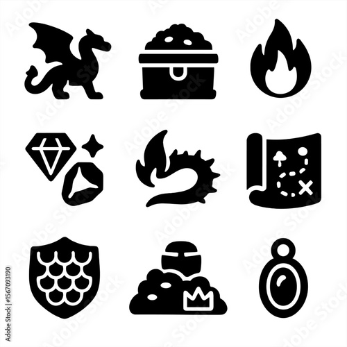 Mythical Treasure Guardians. Solid, filled icon set of mythical treasure guardians: winged dragon, golden hoard, enchanted jewels,