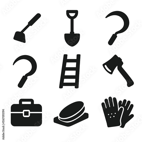 Homestead Tools Icons. Solid, filled icons set of homestead tools and equipment: hand hoe, shovel, rake,