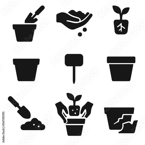 Replanting Icon Set. Solid, filled icon set of replanting and potting: pot with trowel, hands adding soil, root ball, empty pot,