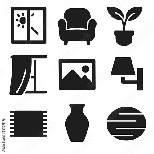 Renovated Room Icons. Solid, filled icon set of renovated room ambiance: sunlight through window, cozy chair, potted plant,