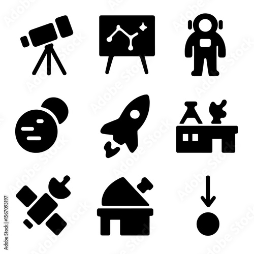 Space Science Icons. Solid, filled icon set of space science: telescope, star chart, astronaut, rocket, planets, space lab,