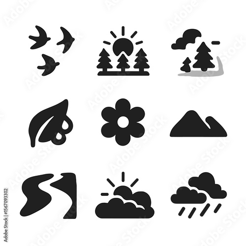 Nature Awakening Icons. Solid, filled icon set of nature awakening: birds flying, forest clearing, sun over trees, morning mist,