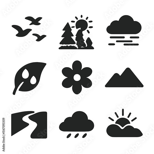 Nature Awakening Icons. Solid, filled icon set of nature awakening: birds flying, forest clearing, sun over trees, morning mist,