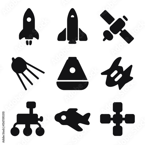 Spaceship Icon Grid. Solid, filled icon set of types of spaceships: rocket, space shuttle, satellite, space probe, space capsule,