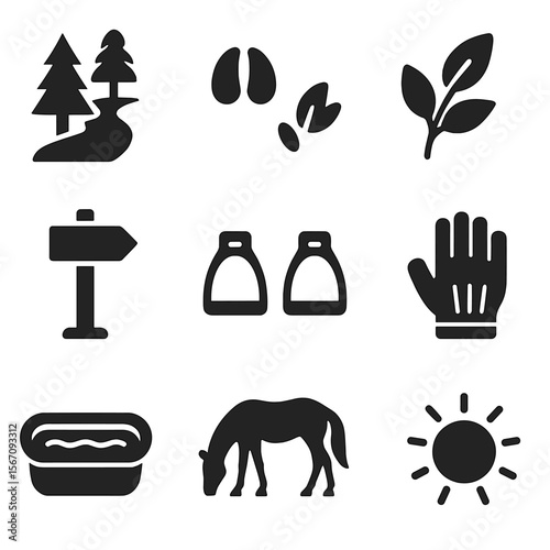 Horseback Riding Icons. Solid, filled icons set of horseback riding on rural trails: forest path, horse tracks