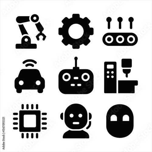 Robotics Icon Set. Solid, filled icon set of robotics and automation: robotic arm, gear cog, conveyor belt, sensor, autonomous car