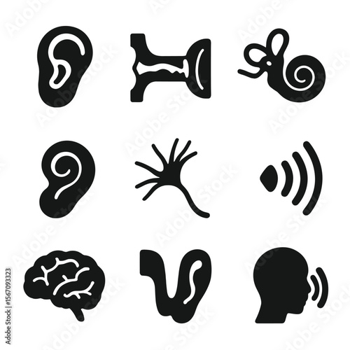 Human Hearing Icons. Solid, filled icons set of human hearing process: ear diagram, eardrum, inner ear,
