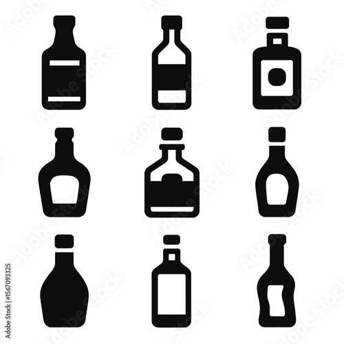 Spirit Bottles Icon Grid. Solid, filled icon set of popular spirits: whiskey bottle, vodka bottle, gin bottle, rum bottle, tequila