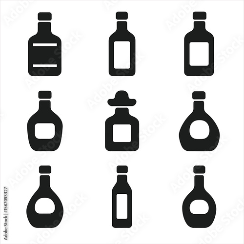 Spirit Bottles Icon Grid. Solid, filled icon set of popular spirits: whiskey bottle, vodka bottle, gin bottle, rum bottle, tequila