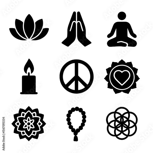 Spiritual Icon Grid. Solid, filled icon set of spiritual compassion: lotus flower, praying hands, meditation pose, candle flame,