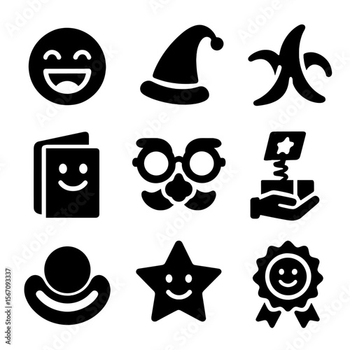 Humorous Icon Collection. Solid, filled icons set of funny end-of-year certificates: laughing emoji, quirky