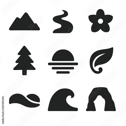 Nature Icon Grid. Solid, filled icon set of natural aesthetics: mountain silhouette, flowing river, blooming flower, pine tree,