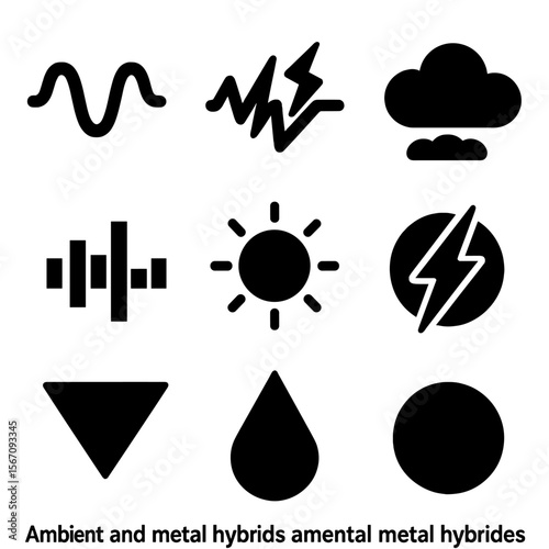 Hybrid Icon Set. Solid, filled icons set of ambient and metal hybrids: reverb wave, electric distortion, dark