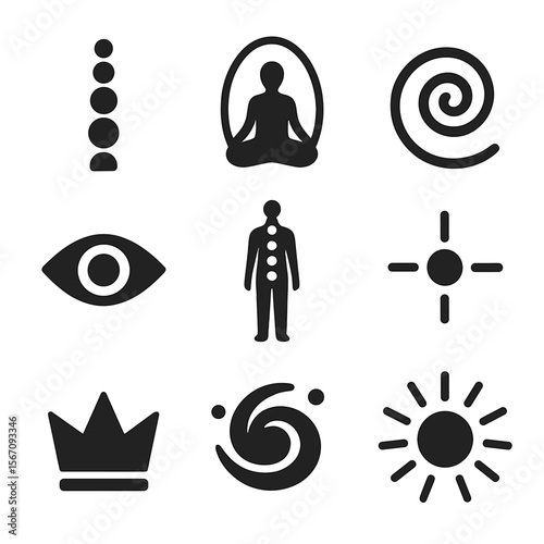 Spiritual Icon Grid. Solid, filled icon set of spiritual alignment and energy: chakra chart, aura field, spiral icon, third eye,