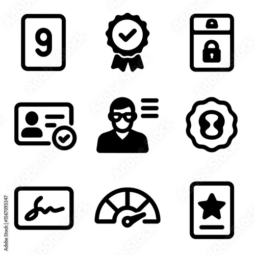 Sports Card Grading Icons. Solid, filled icon set of sports trading card grading: numeric grade, seal of authenticity,