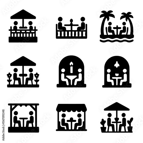 Romantic Dining Icons. Solid, filled icon set of romantic dining locations: rooftop, balcony, beachside, garden table, candlelit