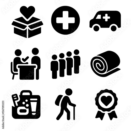 Humanitarian Aid Icons. Solid, filled icons set of humanitarian aid stations: donation box, aid symbol, mobile
