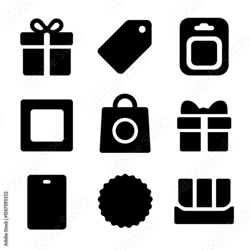 Retail Packaging Icons. Solid, filled icon set of retail product packaging: gift box, hang tag, clear clamshell, window box,