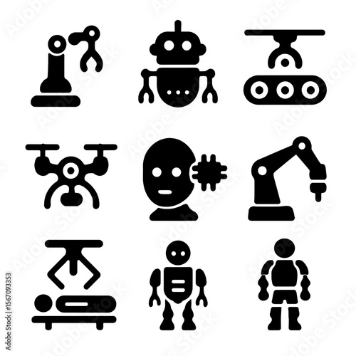 Robotics Icon Grid. Solid, filled icon set of robotics: mechanical arm, robot, automation, drone, AI robot, industrial robot,