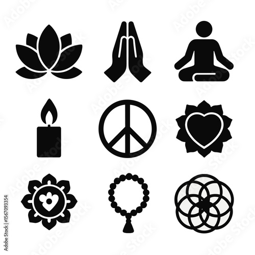 Spiritual Icon Grid. Solid, filled icon set of spiritual compassion: lotus flower, praying hands, meditation pose, candle flame,